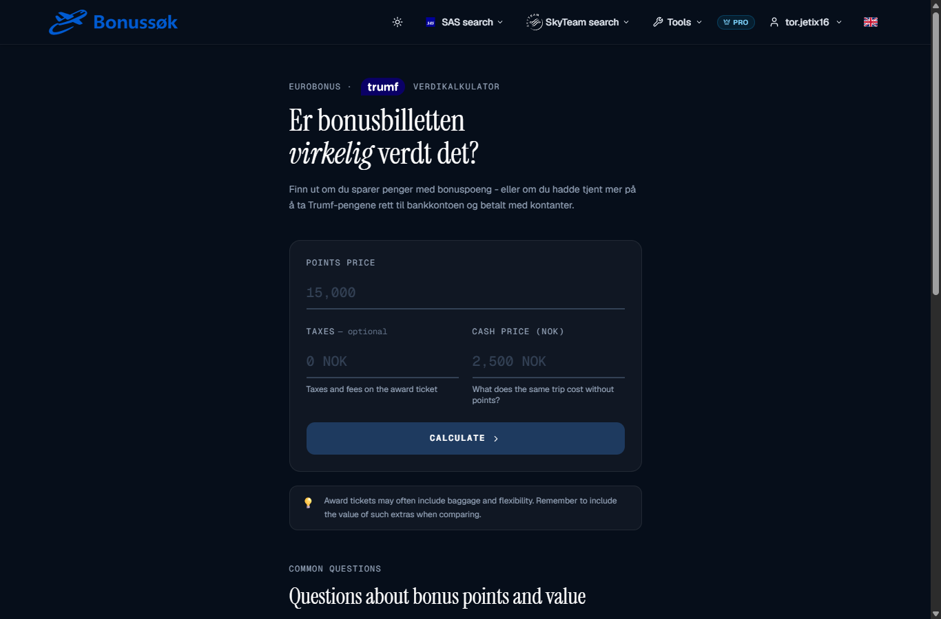 The points value calculator in Bonussøk