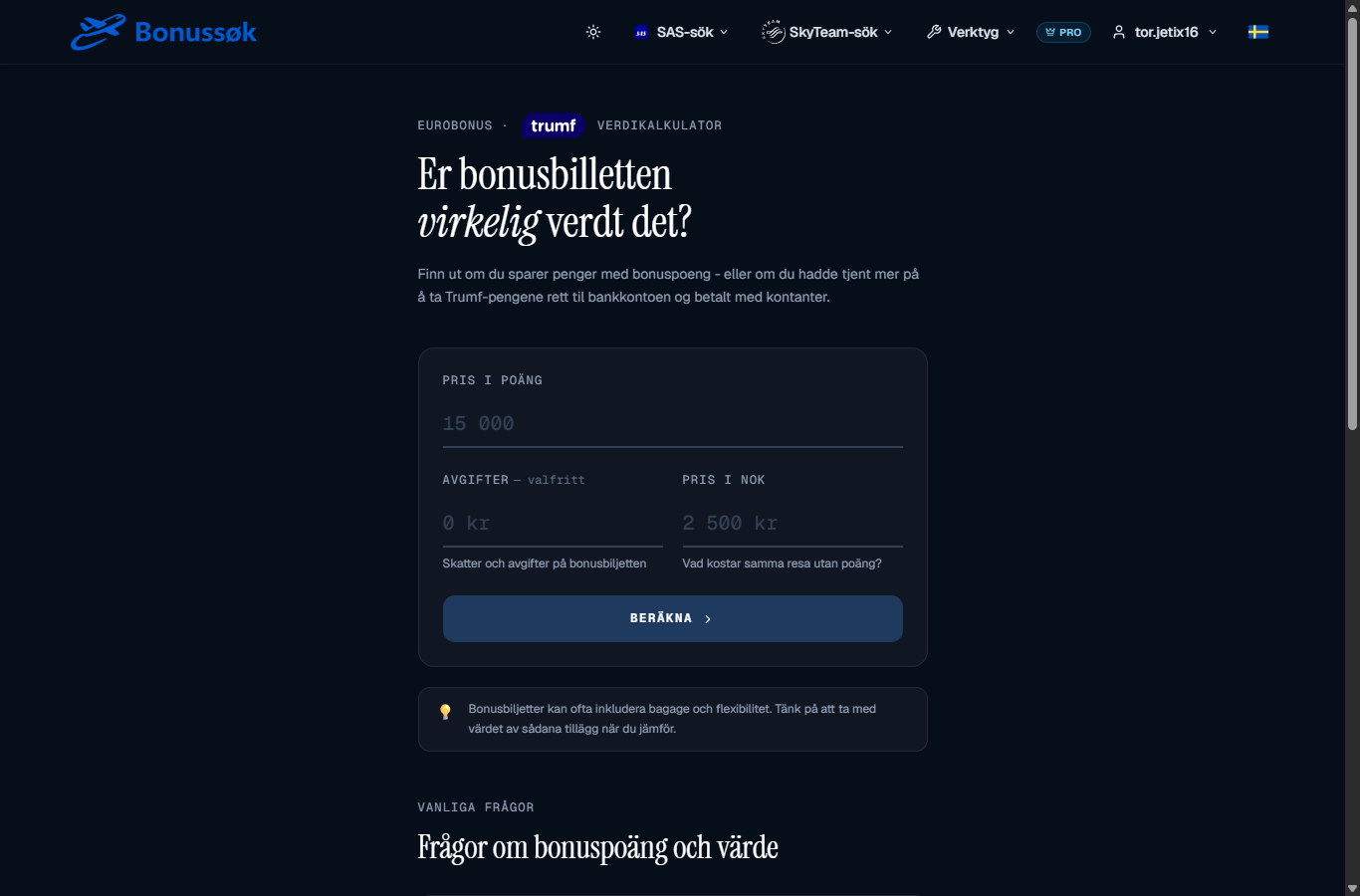 Poängvärde-kalkylatorn i Bonussök