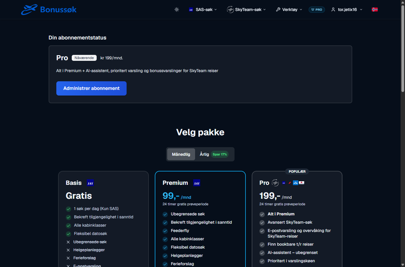Screenshot of the Bonussøk pricing page with Free, Premium and Pro