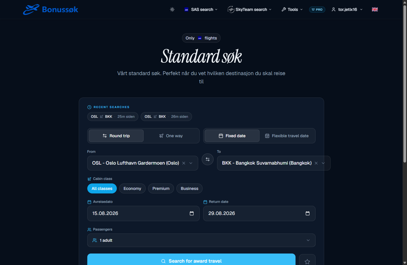 Searching for available SAS award seats in Bonussøk