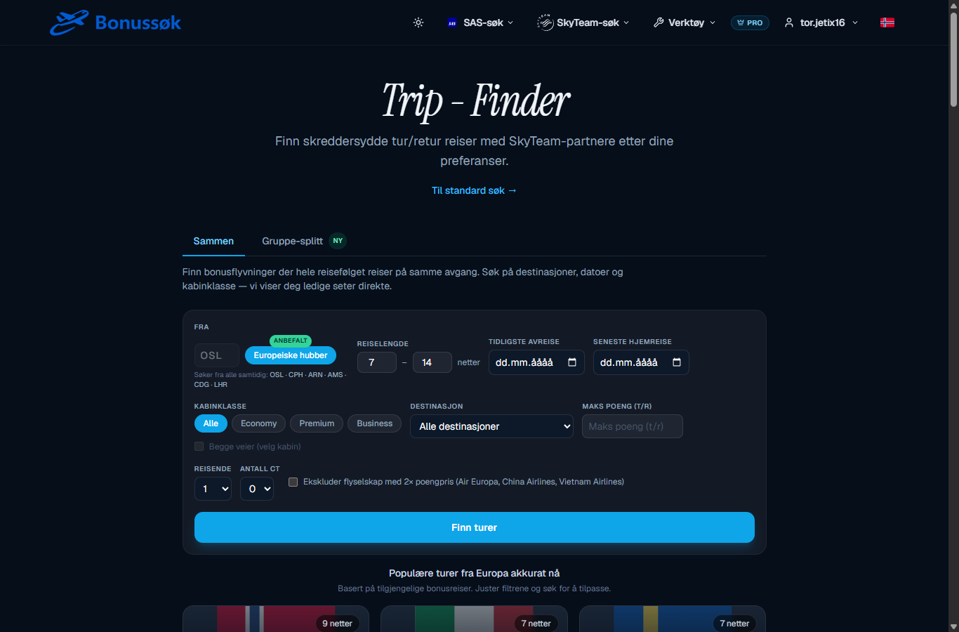 Screenshot of ready-made SkyTeam trips in Bonussøk