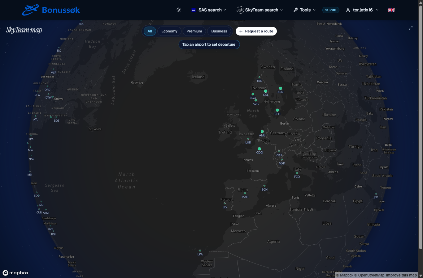 The SkyTeam map in Bonussøk