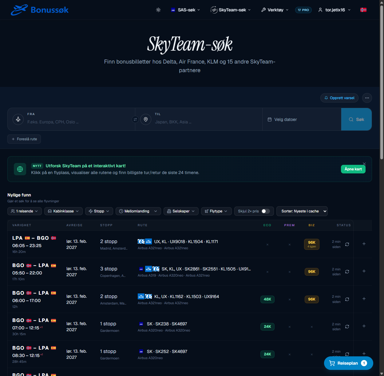 Skjermbilde av SkyTeam-søket i Bonussøk