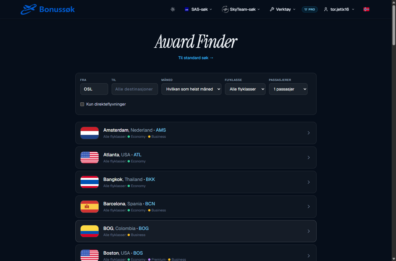 Award Finder i Bonussøk med destinationer og tilgængelige kabineklasser