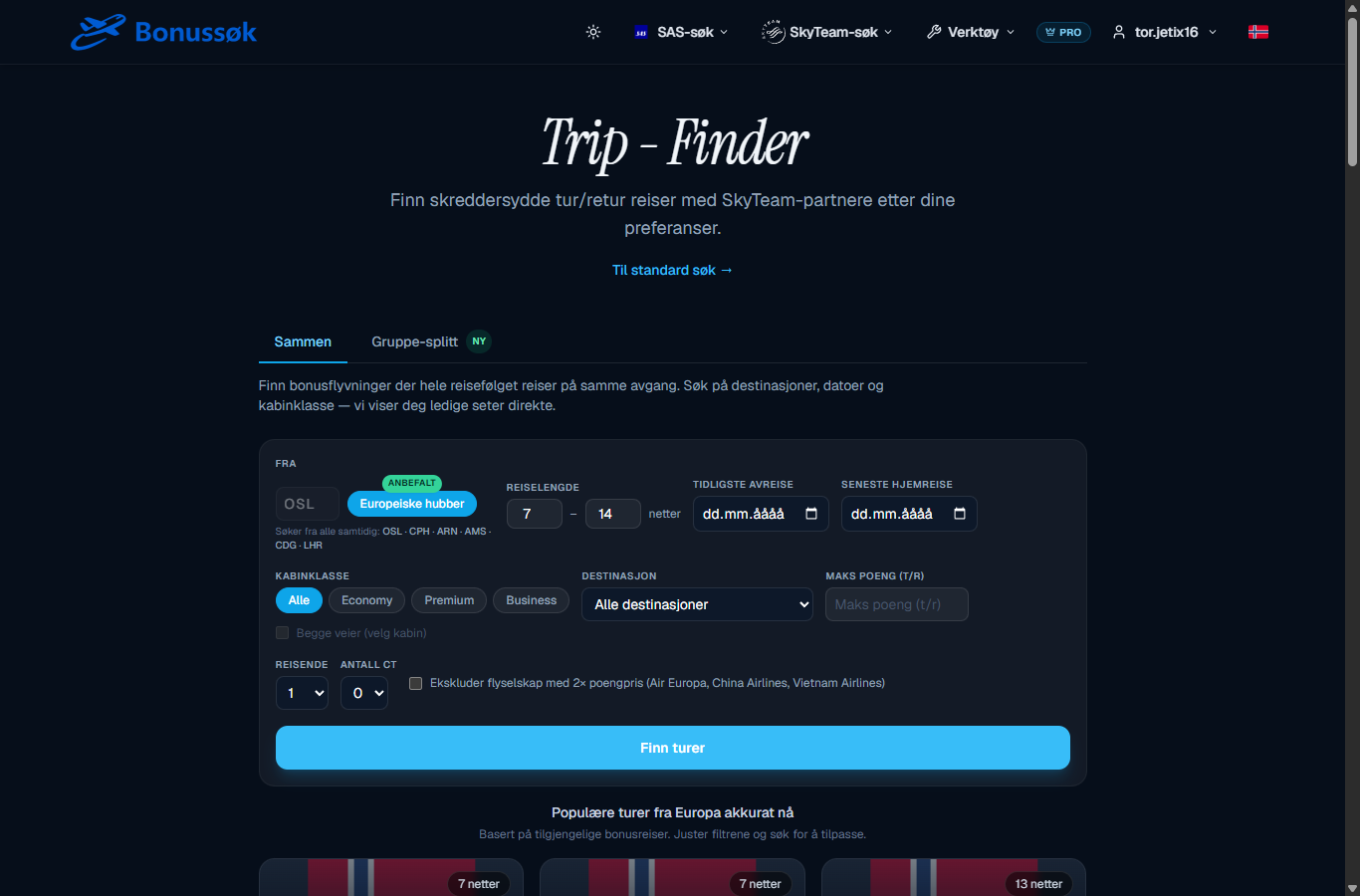 Trip-Finder i Bonussøk til færdige SkyTeam tur-retur-rejser